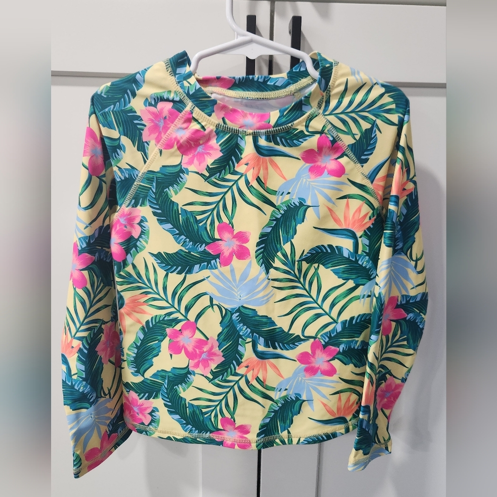 Miken Mermaids Kids Long Sleeve Rash Guard - Pink, Green, Yellow Floral